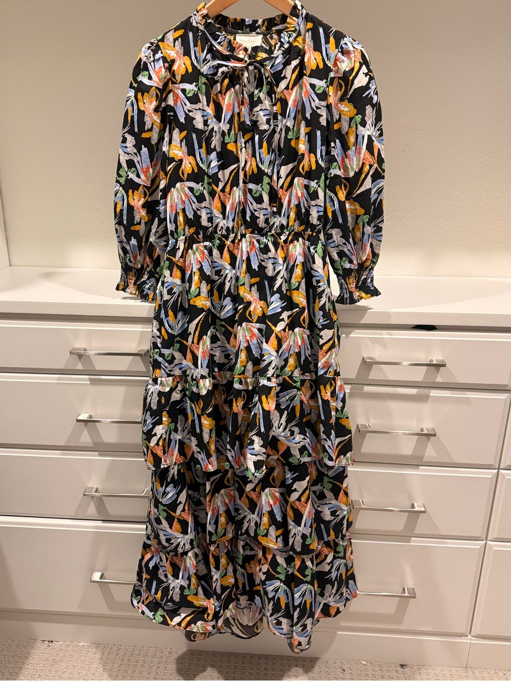 MELLODAY Black Floral Tie-Neck Tiered Maxi Dress